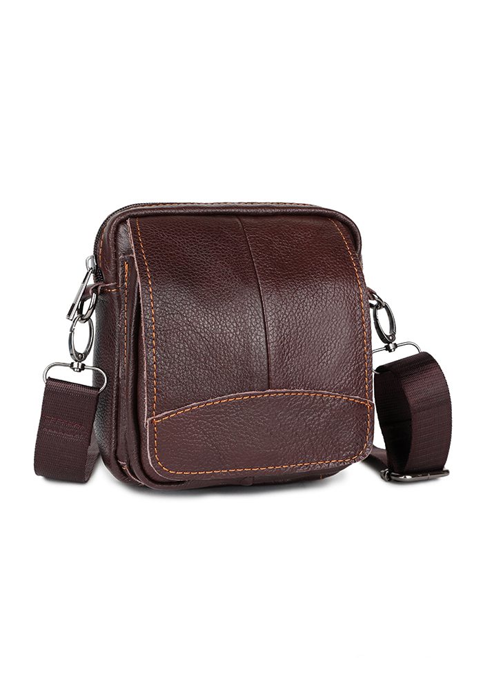 Heren Tas Van Echt Leer Met Ritssluiting En Schouderband, kleur BRUIN