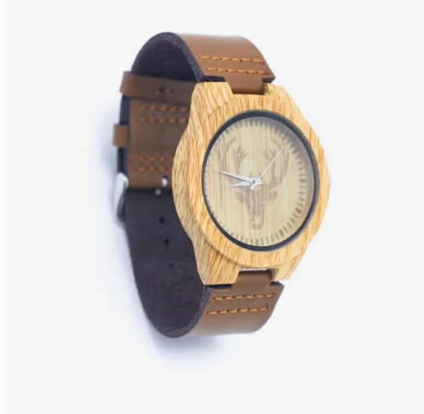 Vintage herenhorloge lederen band - houten horloge corpus - irritatie vrij polshorloge WA-290 - Afbeelding 2