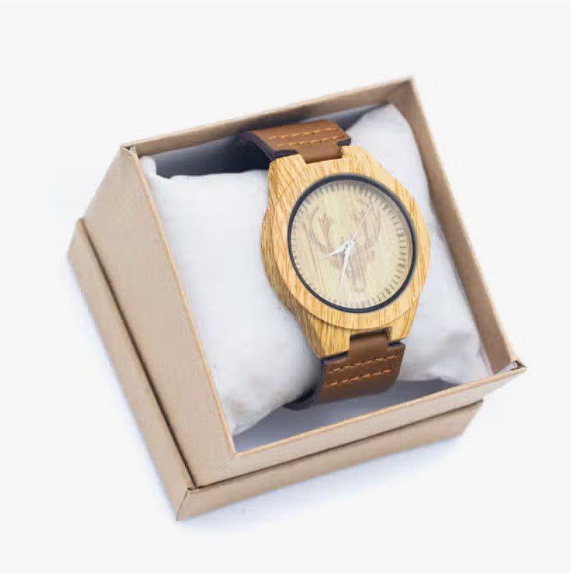 Vintage herenhorloge lederen band - houten horloge corpus - irritatie vrij polshorloge WA-290