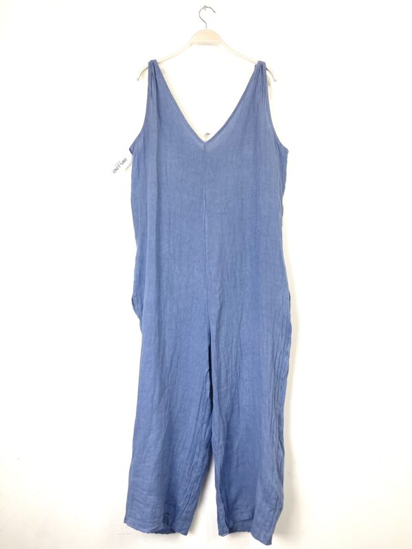 Jumpsuit in 100% linnen - v-hals en zijzakken - kleur BLAUW - lange pijpen tuinbroek - maat S/M - Afbeelding 2