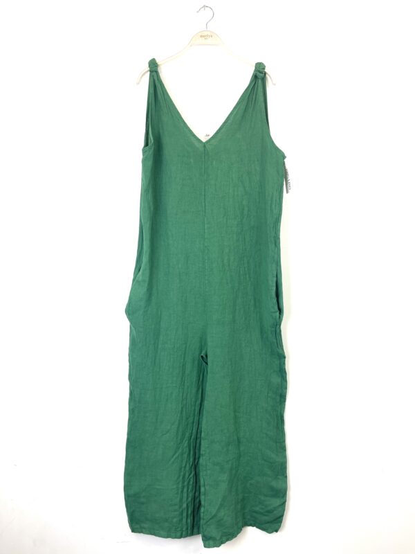 Jumpsuit in 100% linnen - v-hals en zijzakken - kleur BLAUW - lange pijpen tuinbroek - maat S/M - Afbeelding 3