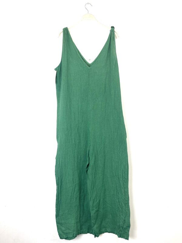 Jumpsuit in 100% linnen - v-hals en zijzakken - kleur BLAUW - lange pijpen tuinbroek - maat S/M - Afbeelding 4