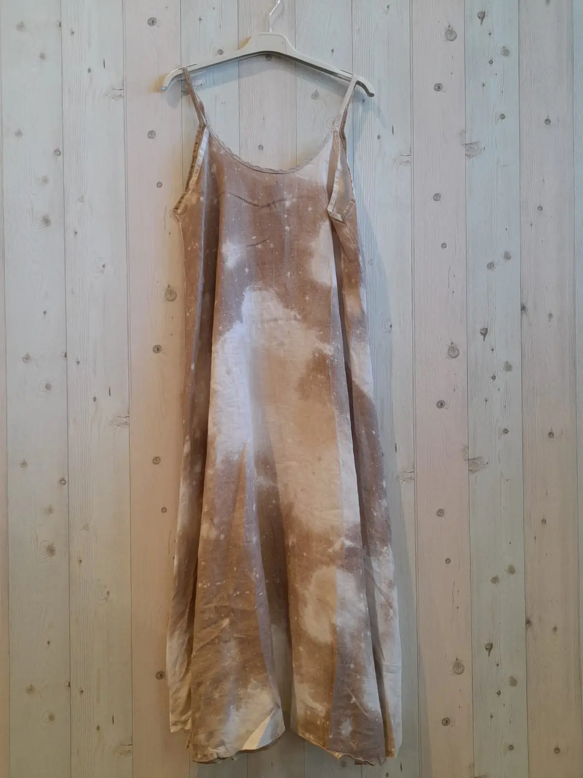 Linnen jurk maxi A-lijn met Baltische design - spaghetti zomer jurk - BRUIN kleur - maat 38