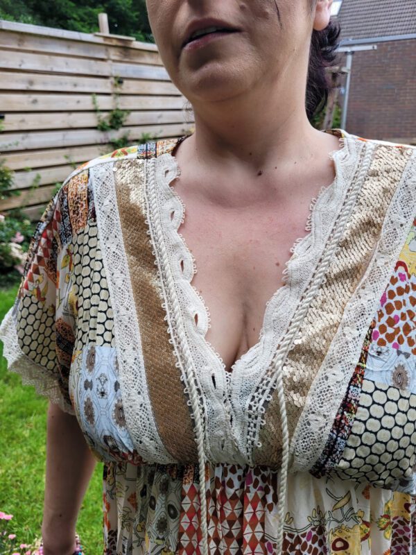 Boho vintage maxi jurk met sierwerk, franjes en hoge talie maat 38-42 - Afbeelding 5