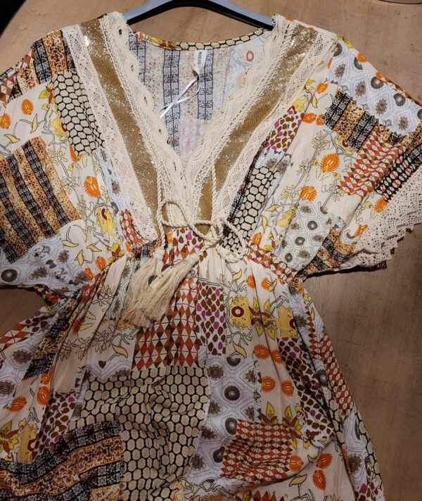 Boho vintage maxi jurk met sierwerk, franjes en hoge talie maat 38-42 - Afbeelding 6