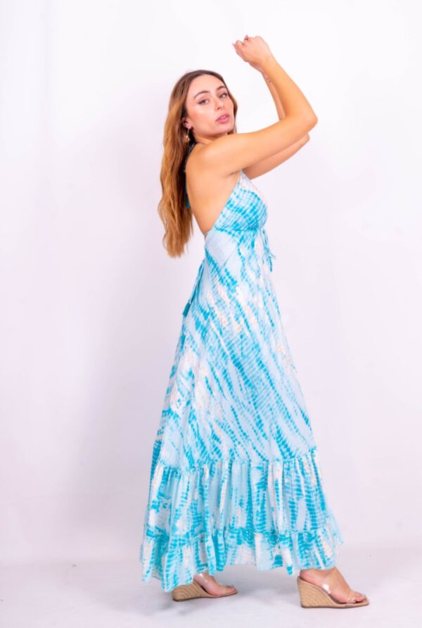 Boho maxi zijde jurk in BLAUW met v-hals open rug en volants, gouden effect maat 38