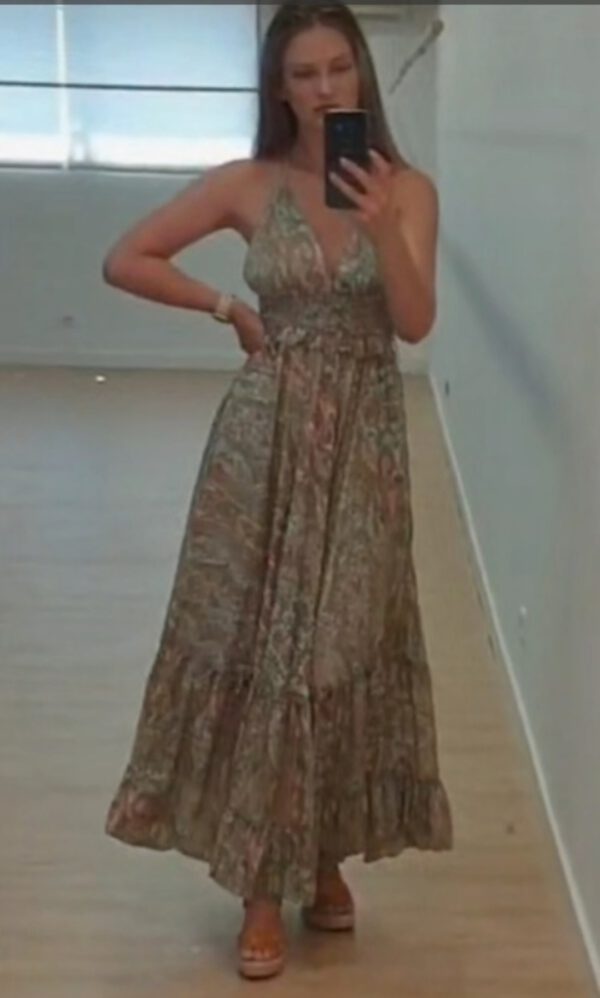 Boho maxi jurk van zijde met elastische talie, wijde rok, AARDE KLEUREN open rug en zijzakken maat 40
