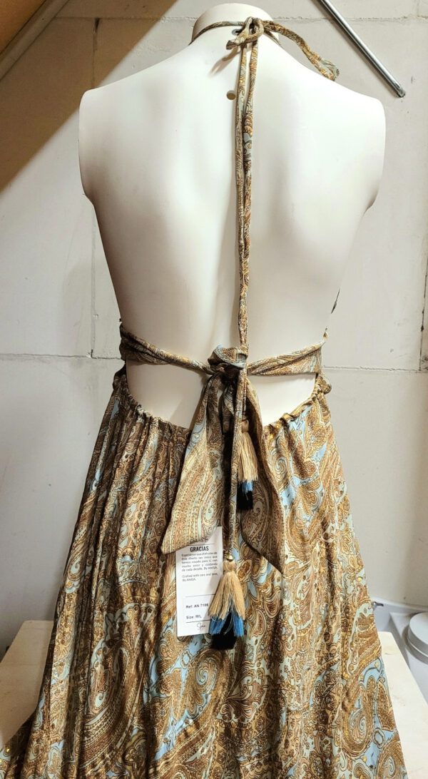 Boho maxi jurk van zijde met elastische talie, wijde rok, AARDE KLEUREN open rug en zijzakken maat 40 - Afbeelding 10