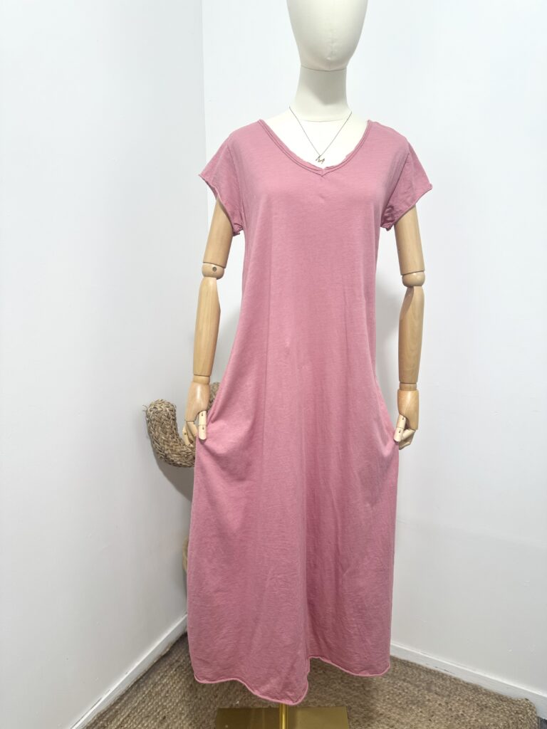 Puur katoen maxi jurk met v-hals - a-lijn - in kleur AS ROZE - luchtig en moderne zomer jurk maat 36