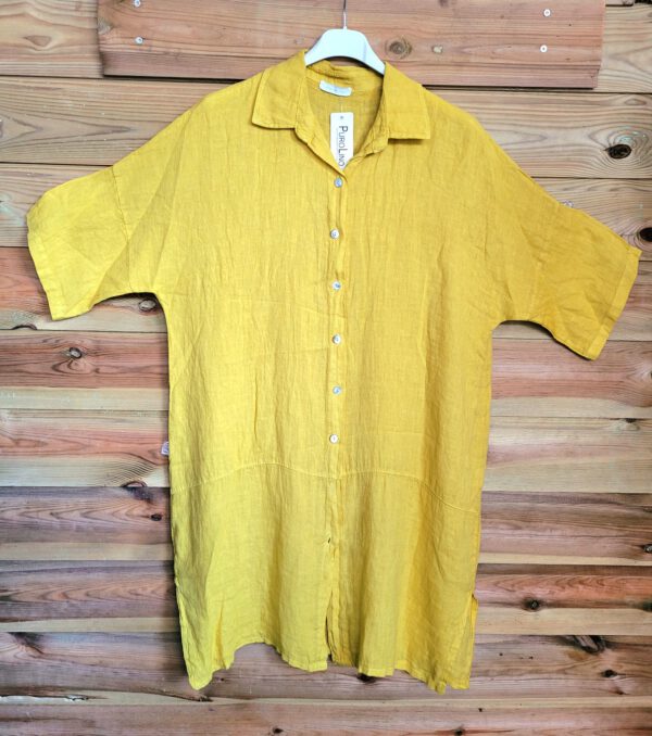 Linnen shirt jurk met 7/8 mouwen in MOSTERD GEEL kleur, met splits Maat 44