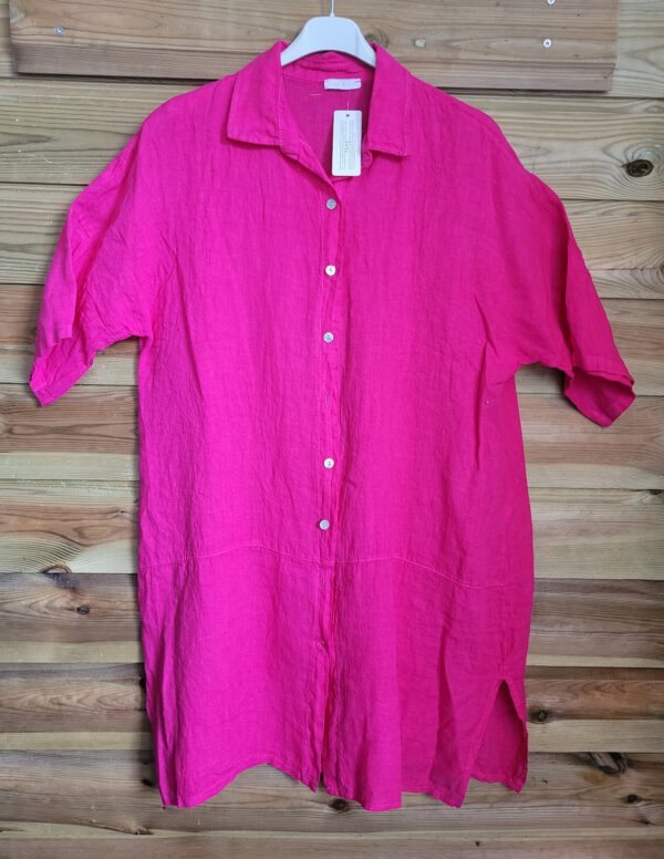 Linnen shirt jurk met 7/8 mouwen in ROZE kleur, met splits, geknopt Maat 44