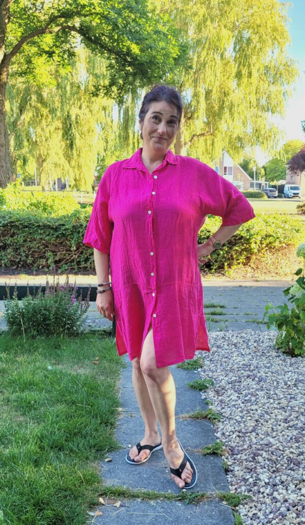 Linnen shirt jurk met 7/8 mouwen in ROZE kleur, met splits, geknopt Maat 44 - Afbeelding 2