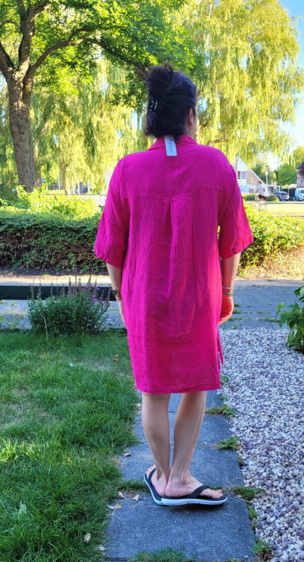 Linnen shirt jurk met 7/8 mouwen in ROZE kleur, met splits, geknopt Maat 44 - Afbeelding 3