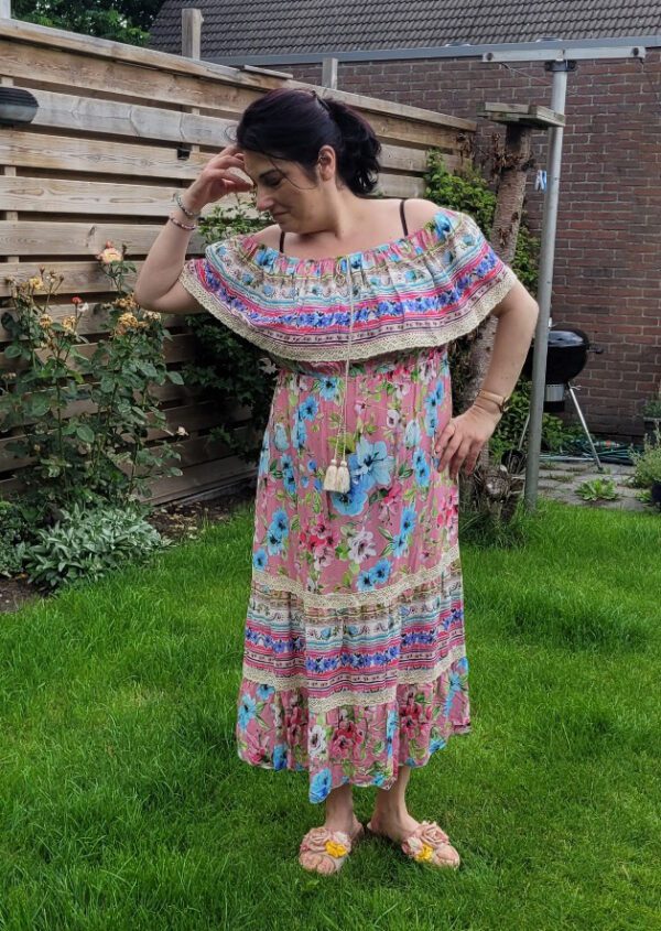 Mooi boho vintage maxi jurk met overlap met volant in ROOS kleur maat 38/40 - Afbeelding 2