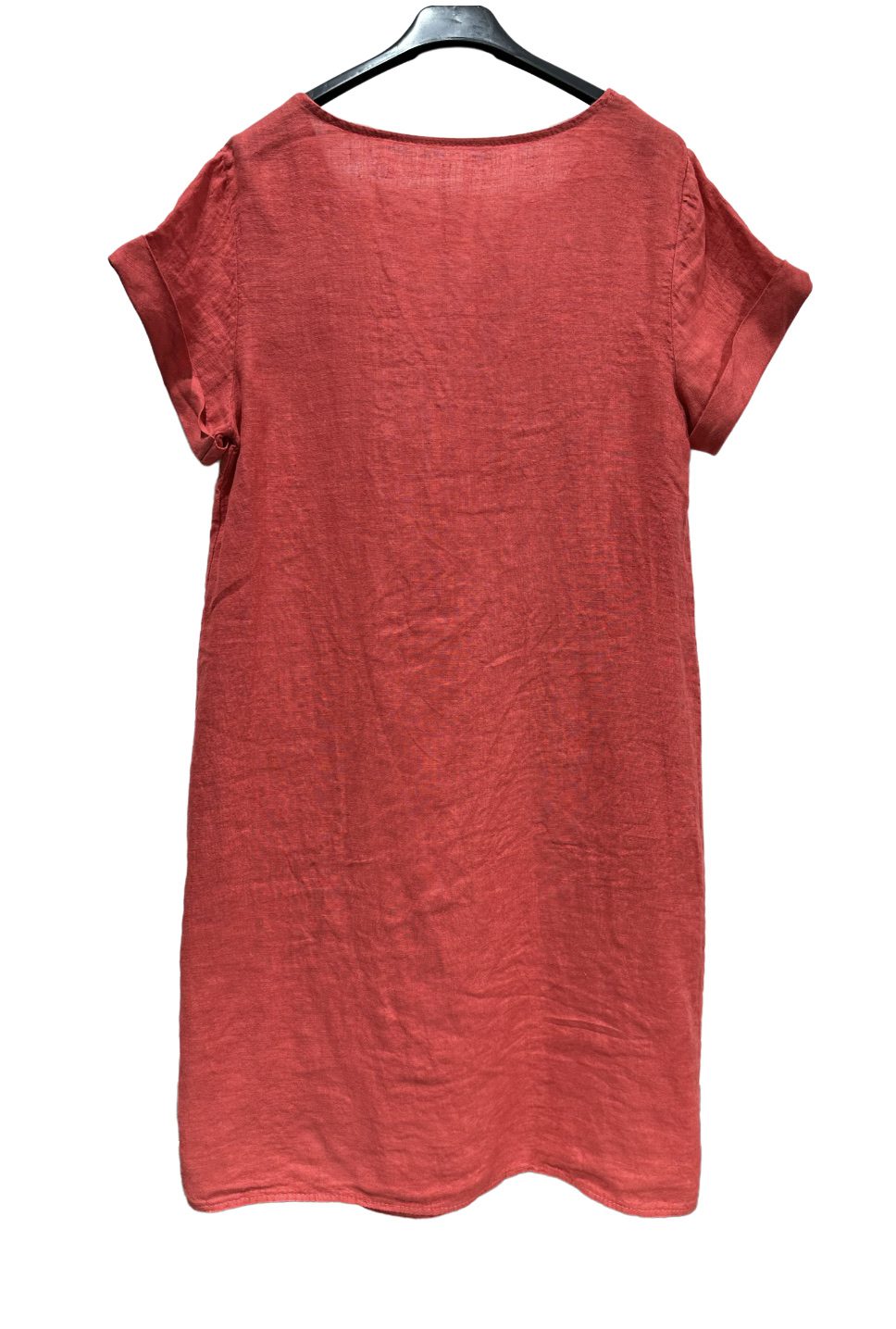 Linnen midi jurk met steek zakken - korte mouwen - v-hals - kleur ROZE/ROOD - maat 44 - Afbeelding 4