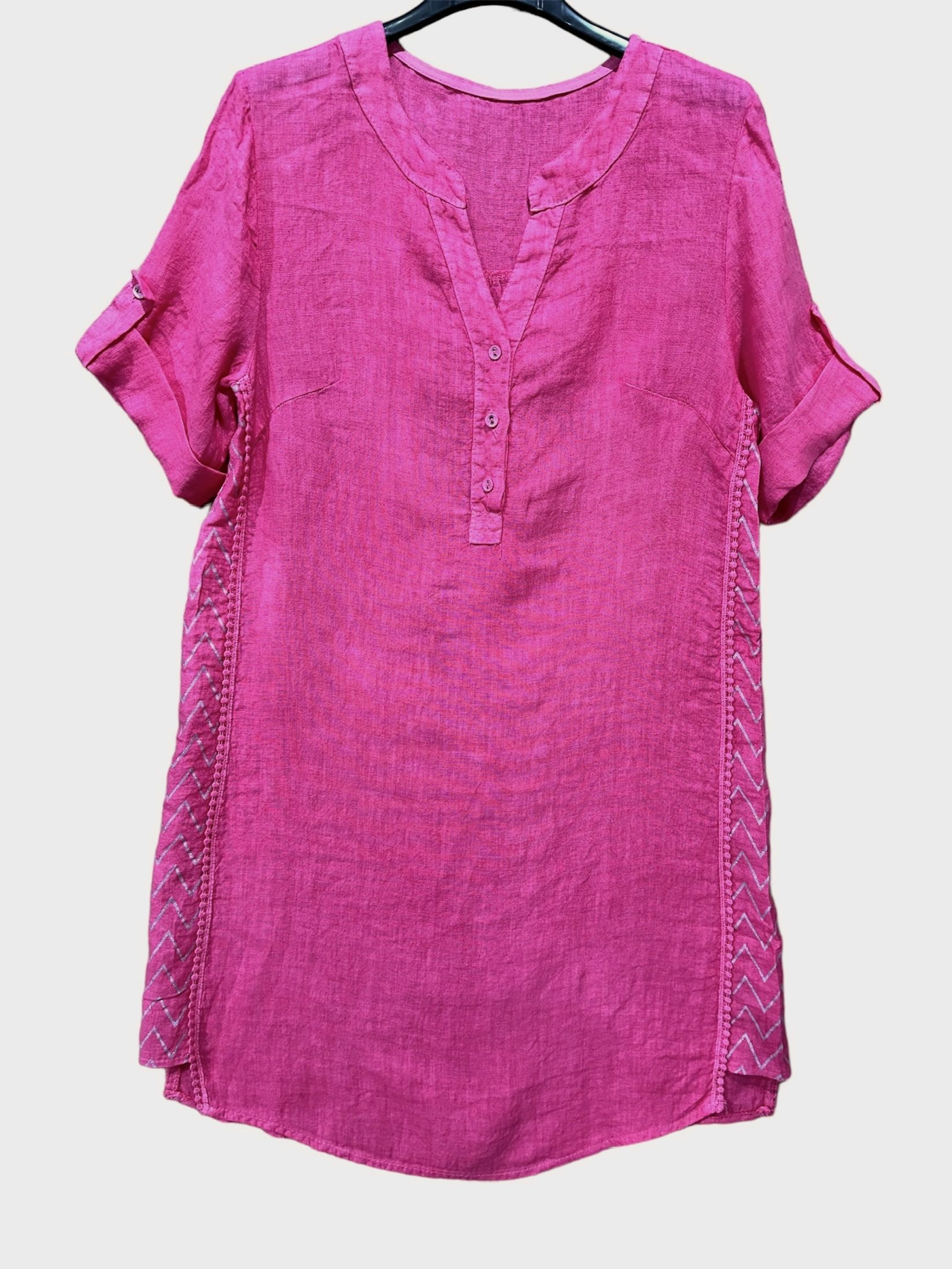 Puur linnen jurk - korte mouwen - knoppen - zijkant band - kleur ROZE - maat 44