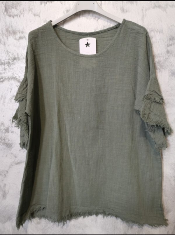 Boho katoenen zomer top in MILITAIR GROEN kleur met korte mouwen maat 42 - Afbeelding 2