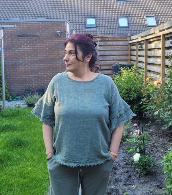 Boho katoenen zomer top in MILITAIR GROEN kleur met korte mouwen maat 42