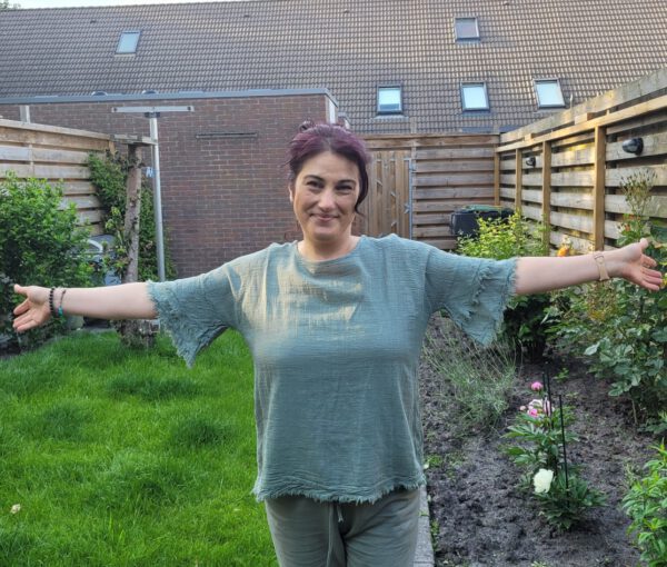 Boho katoenen zomer top in MILITAIR GROEN kleur met korte mouwen maat 42 - Afbeelding 5