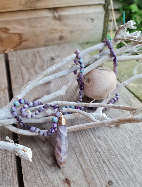 Boho edelsteen lange ketting - kralen ketting  PAARS kleur - Amethist - Afbeelding 2