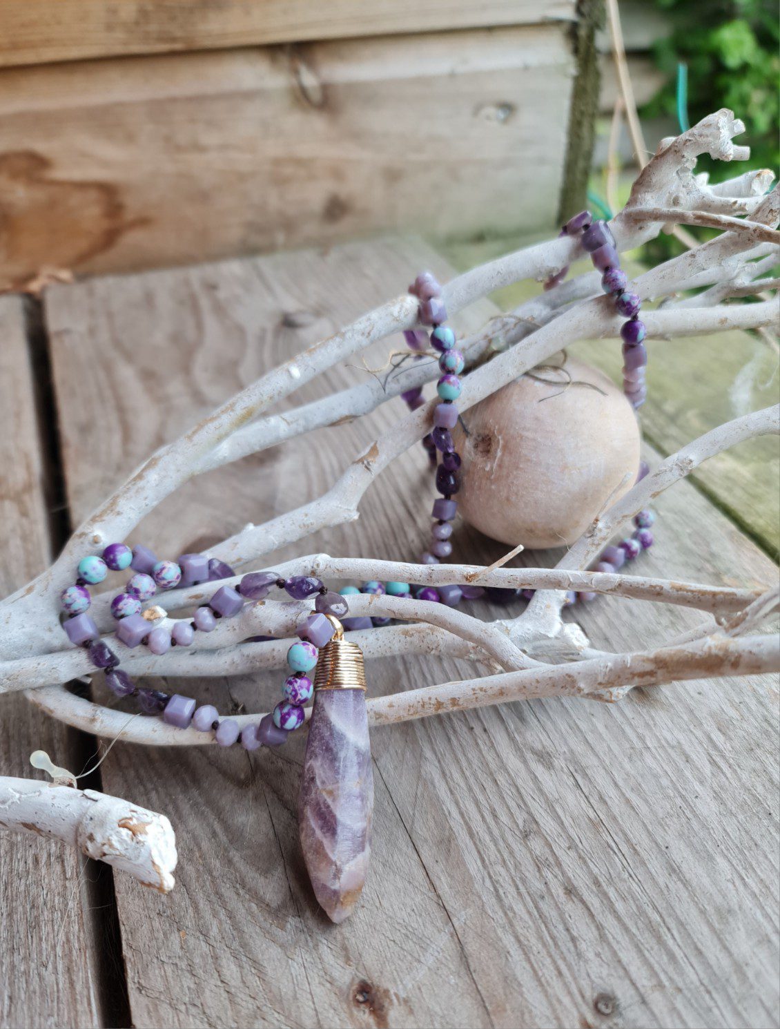 Boho edelsteen lange ketting - kralen ketting  PAARS kleur - Amethist