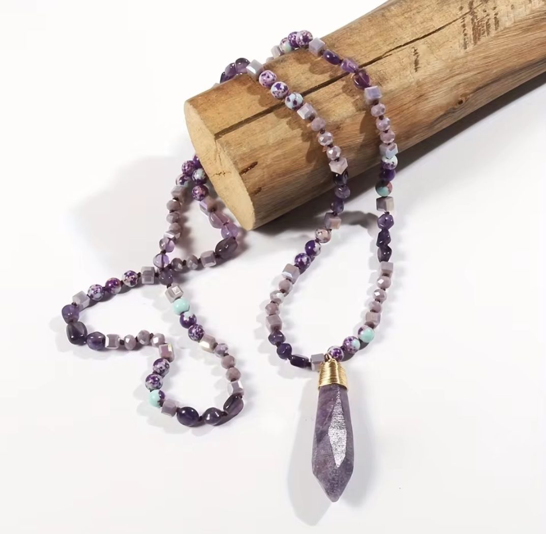 Boho edelsteen lange ketting - kralen ketting  PAARS kleur - Amethist