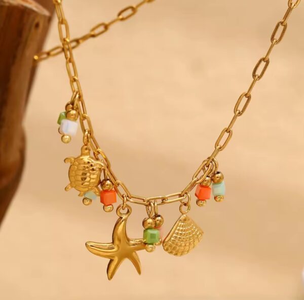 Boho kleurrijke ketting in gouden tinten - leuke hangers - roestvrij staal - Afbeelding 2