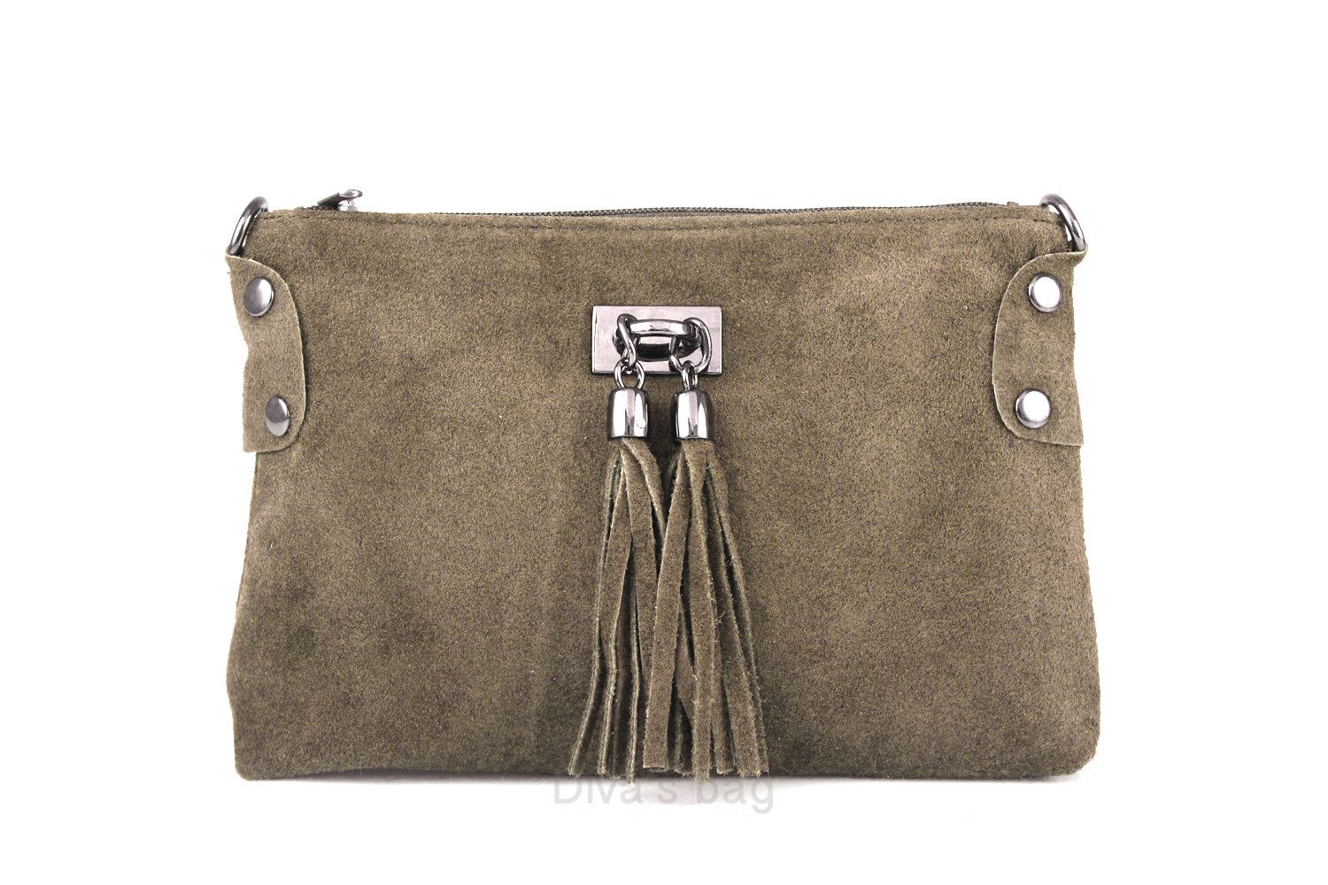 Leuke suede tasje met rits en schouderband - franjes aan voorkant kleur MODDER