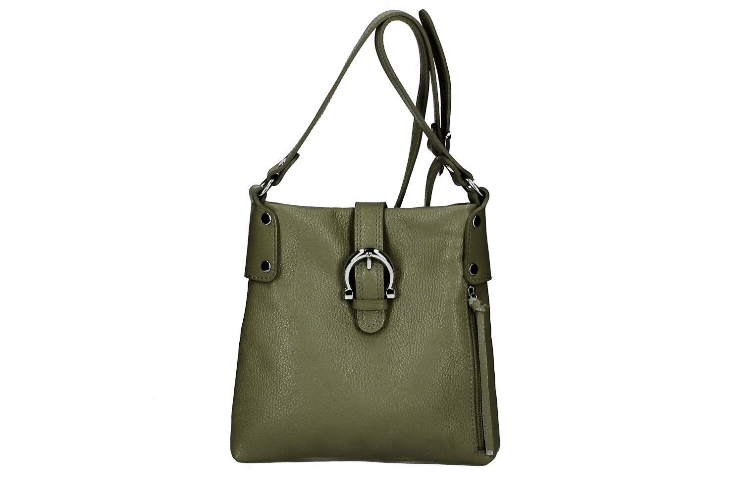 Schoudertas boho van echt Dollar-leer in MILITAIR GROEN kleur - metale stutting voor - schouderriem - ritssluiting