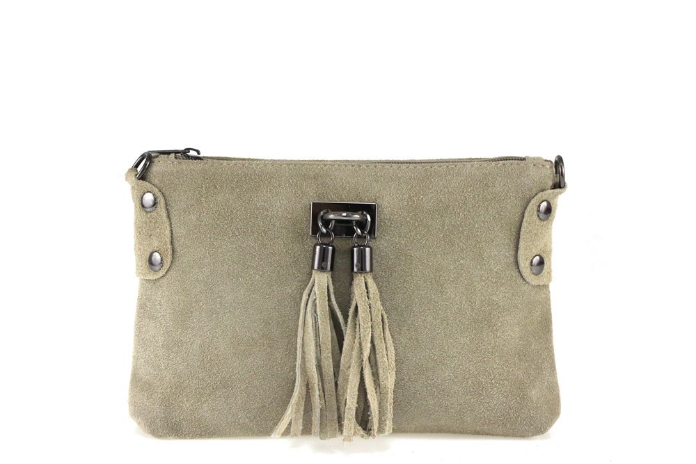 Leuke suede tasje met rits en schouderband - franjes aan voorkant kleur BEIGE
