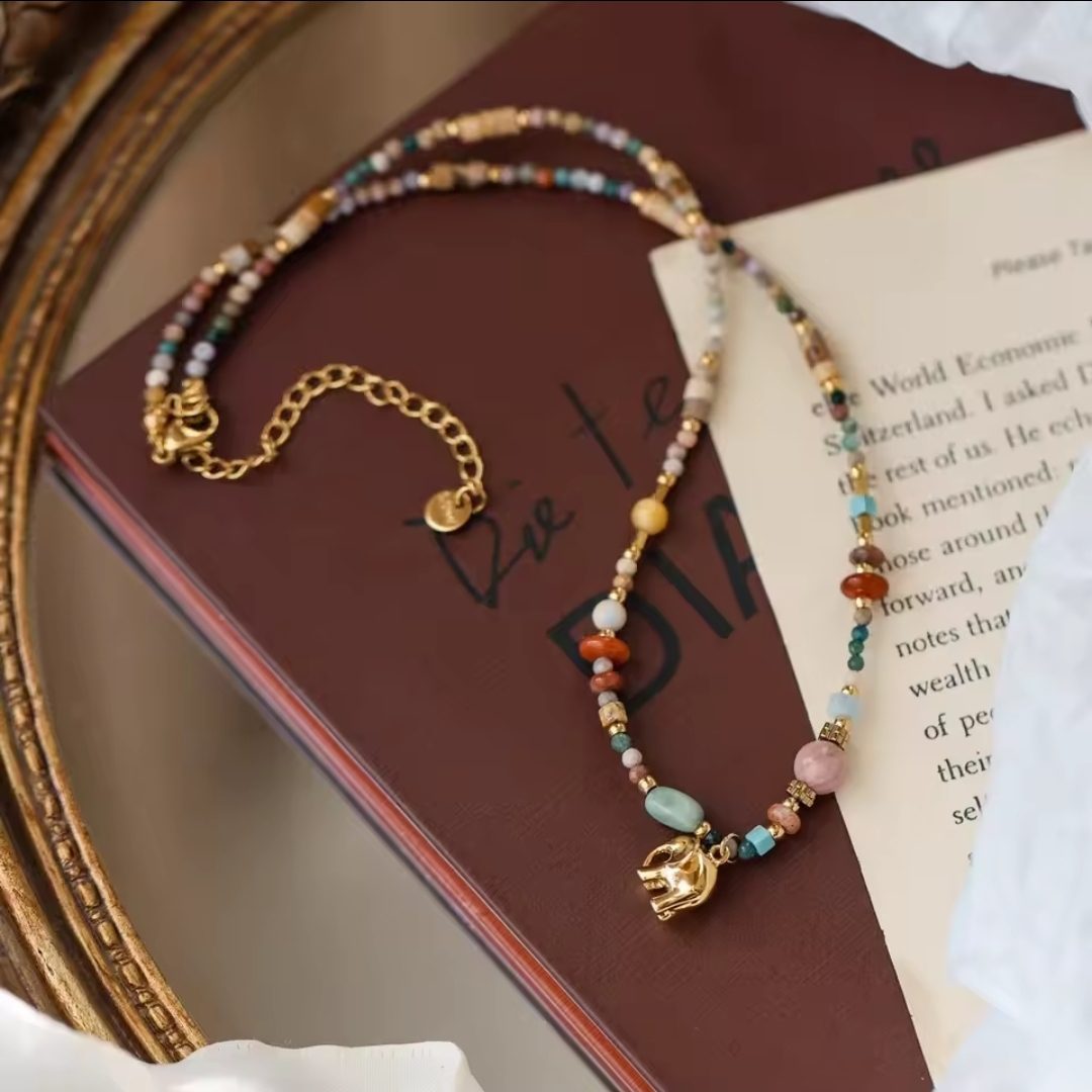 Kleurrijke edelsteen ketting met Olifant hanger - jade - jaspis - Rhodoniet - zomer collier