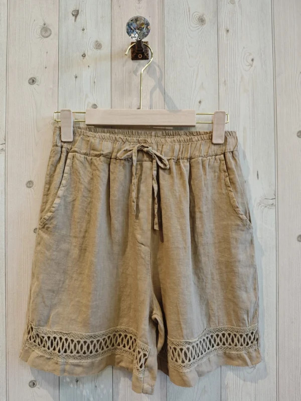 Leuek 100% linnen korte broek - bermuda - met broderie en zijzakken - MODDER BRUIN - maat 40-42