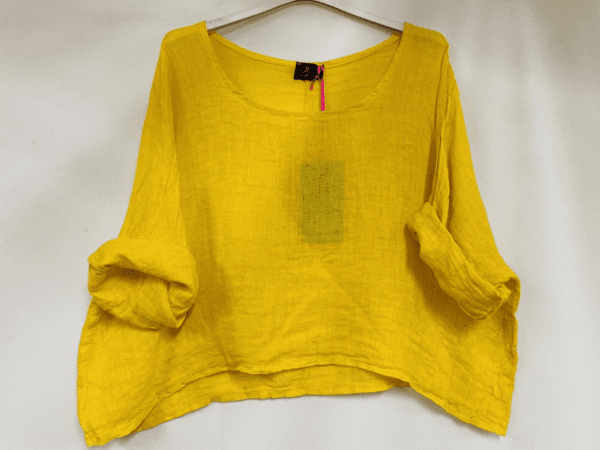 Luchtige linnen korte – crop top – ronde hals – raglan mouwen kleur GEEL – one size