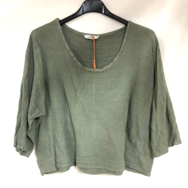 Luchtige linnen korte – crop top – ronde hals – raglan mouwen kleur KHAKI GROEN– one size