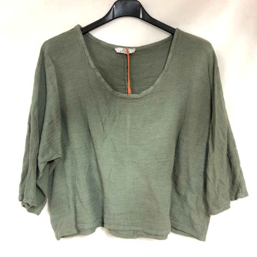 Luchtige linnen korte – crop top – ronde hals – raglan mouwen kleur KHAKI GROEN– one size