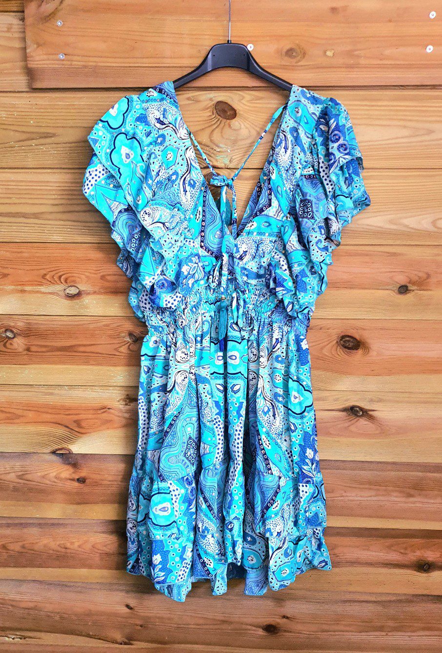 Handgemaakte boho korte mini jurk met v-hals en open rug - zijzakken - kleur BLAUW maat 36-38