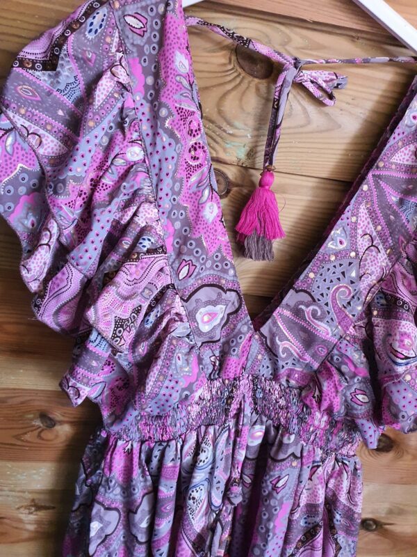 Handgemaakte boho korte mini jurk met v-hals en open rug - zijzakken - kleur ROZE maat 36-38 - Afbeelding 7