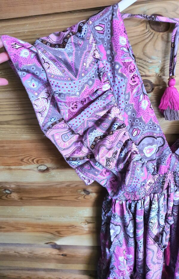 Handgemaakte boho korte mini jurk met v-hals en open rug - zijzakken - kleur ROZE maat 36-38 - Afbeelding 6