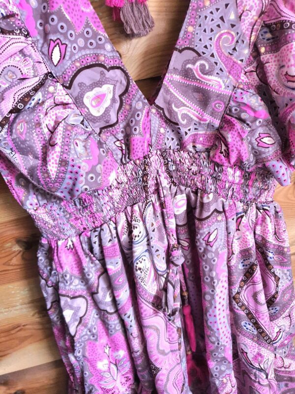 Handgemaakte boho korte mini jurk met v-hals en open rug - zijzakken - kleur ROZE maat 36-38 - Afbeelding 5