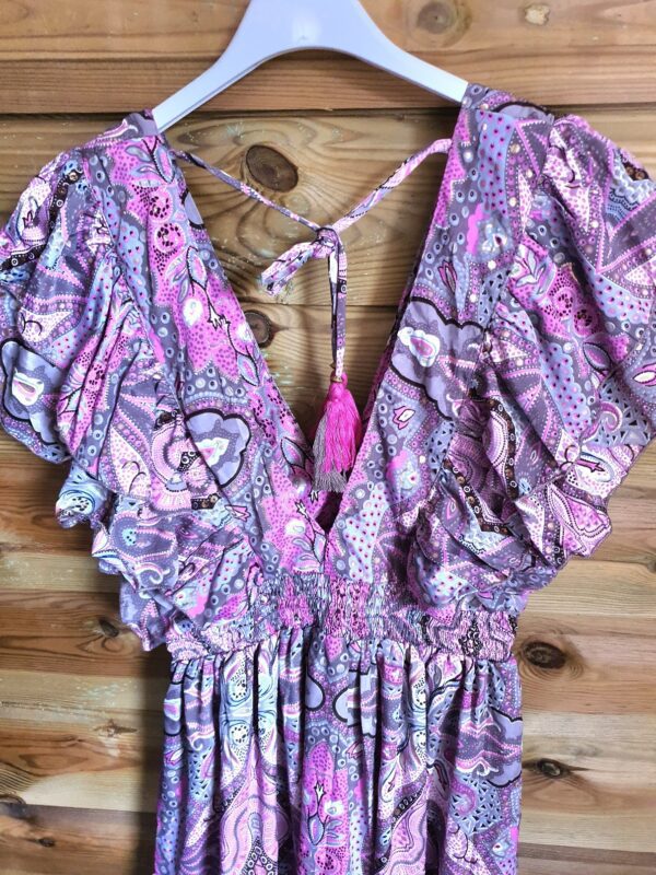 Handgemaakte boho korte mini jurk met v-hals en open rug - zijzakken - kleur ROZE maat 36-38 - Afbeelding 2