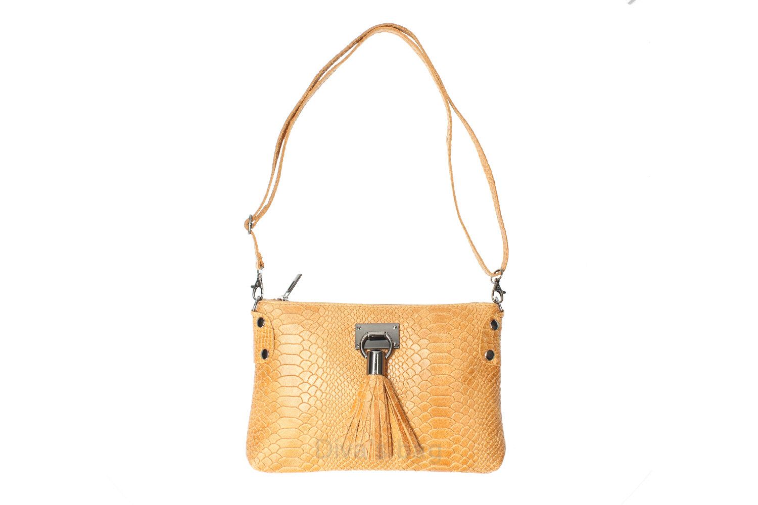 Leuke 100% leren crutch tas - pythonprint - franje - ritssluiting - schouderband - COGNAC