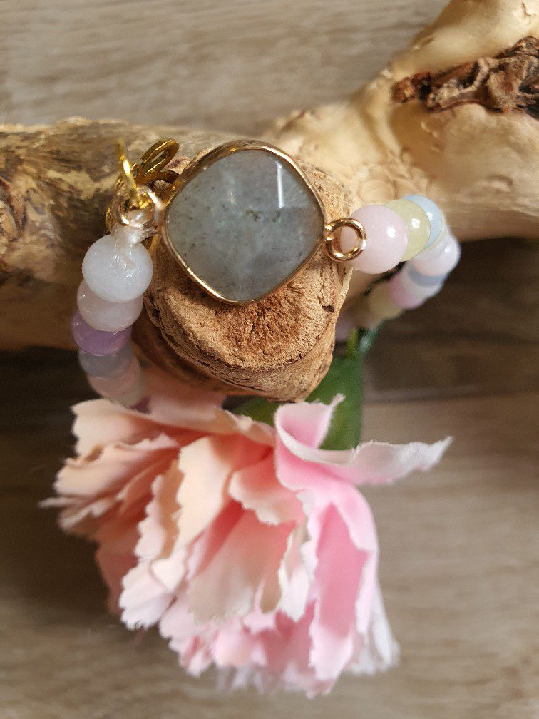 Handgemaakte edelsteen armband van Chalcedoon Morganiet en Labradoriet reiki armband