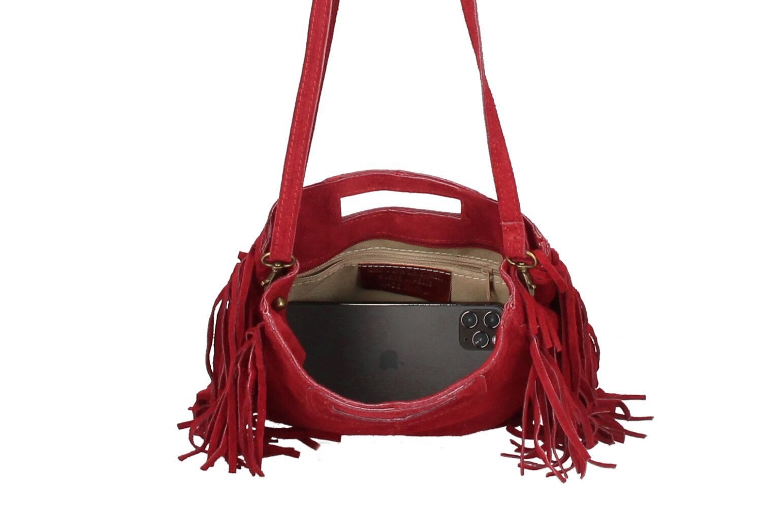 100% suède boho dames tas met handvatten in BEIGE kleur, schouder band en franjes - Afbeelding 3