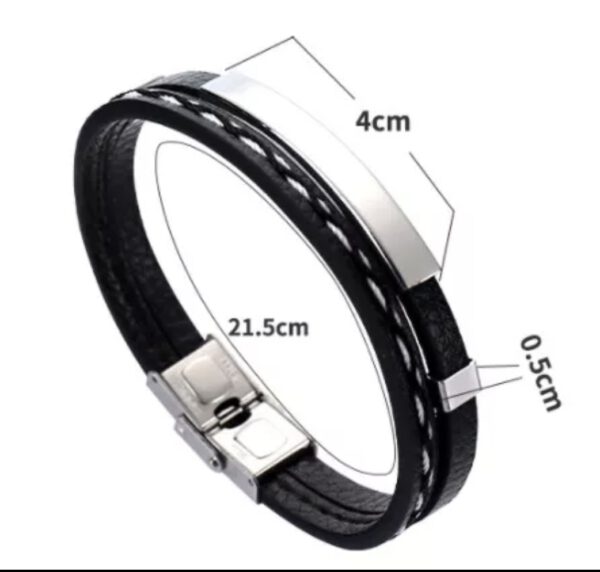 Lederen heren mannen armband men met zwart metalen element - gevlochten leer - Afbeelding 2