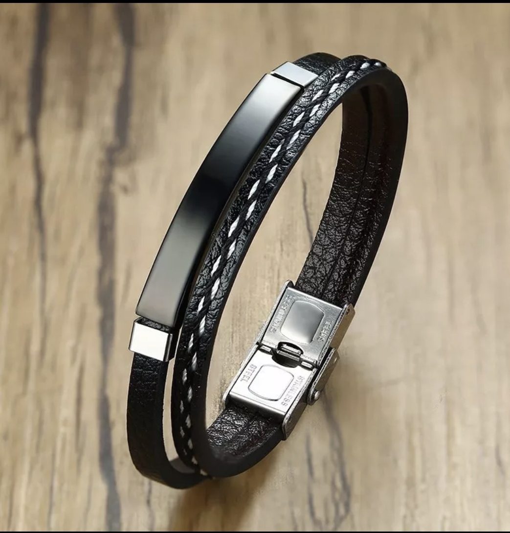 Lederen heren mannen armband men met zwart metalen element - gevlochten leer
