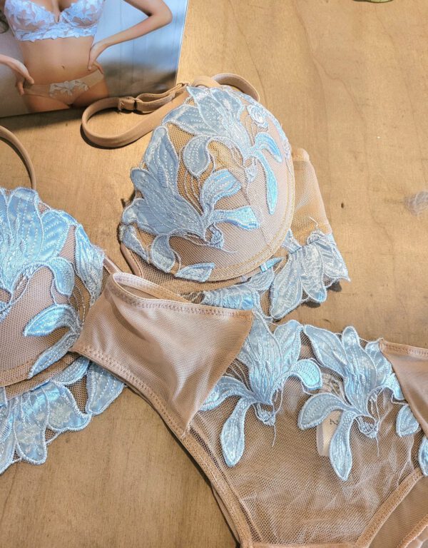Italiaanse lingerie set met push-up beha satijn en slip TAN en BLAUW,  75B, 36 - Afbeelding 9