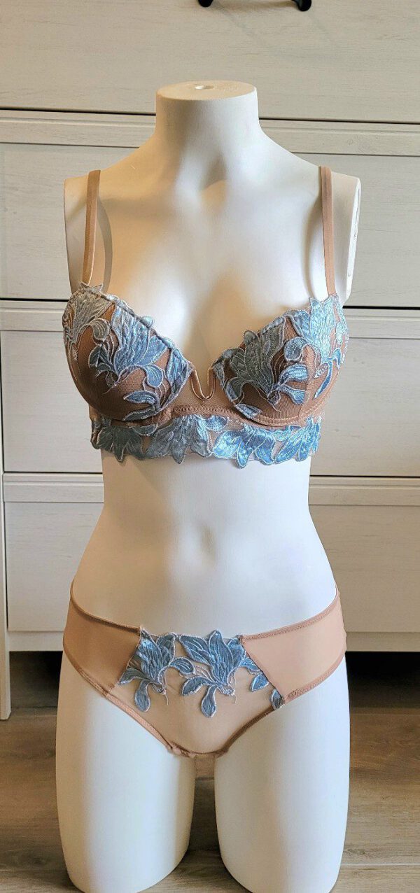 Italiaanse lingerie set met push-up beha satijn en slip TAN en BLAUW,  75B, 36 - Afbeelding 7