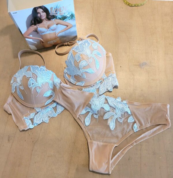 Italiaanse lingerie set met push-up beha satijn en slip TAN en BLAUW,  75B, 36 - Afbeelding 6