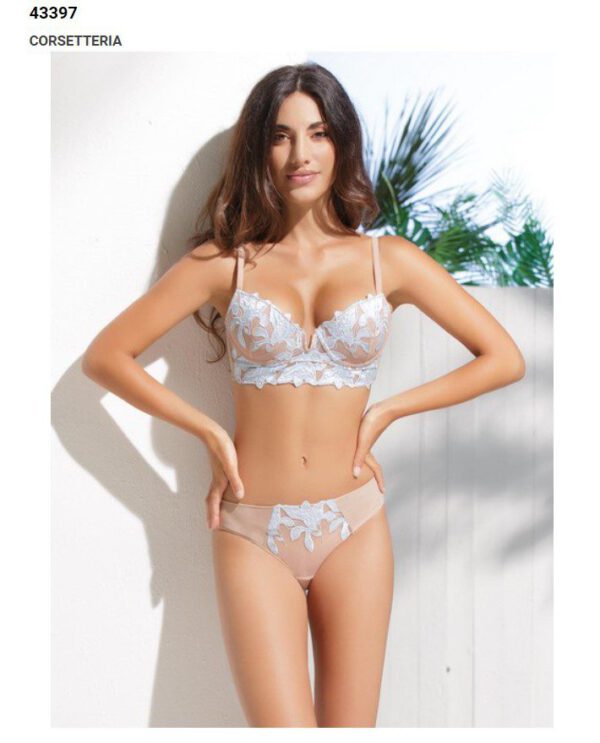 Italiaanse lingerie set met push-up beha satijn en slip TAN en BLAUW,  75B, 36