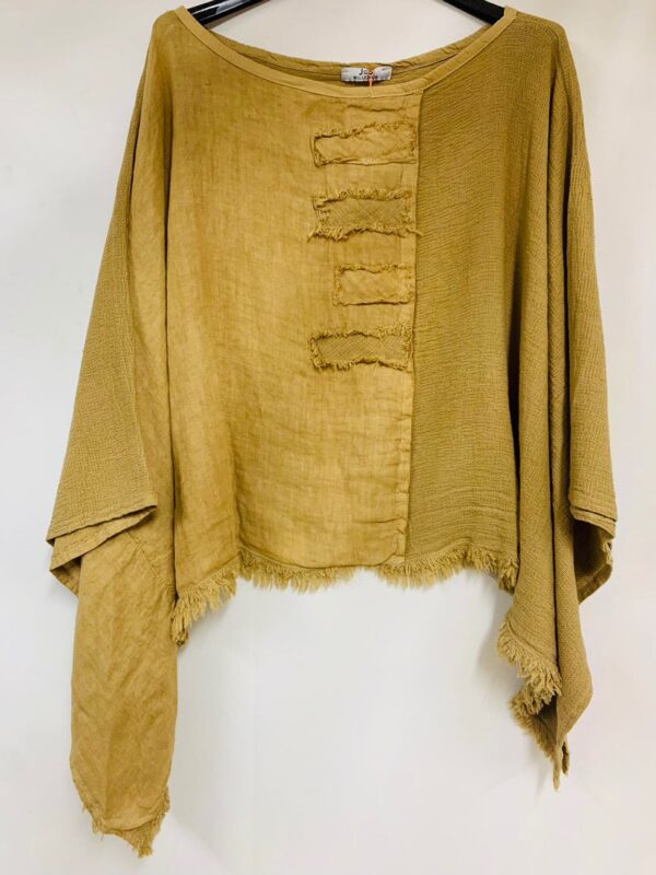 Vintage linnen korte top - bout hals - raglan mouwen kleur Camel - one size